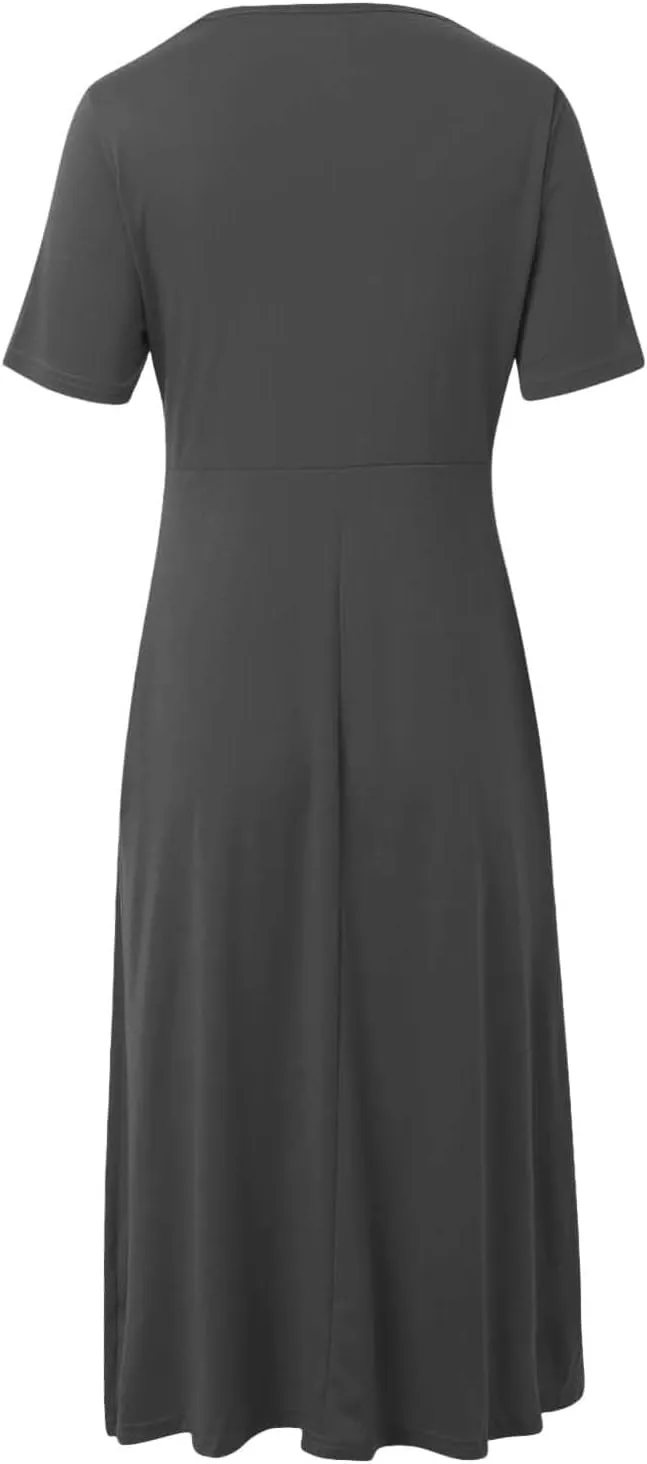 V Neck Wedding Guest Dresses for Women Short Sleeve Pleated Dress with Pockets Boho Sun Dress for Beach Vacation