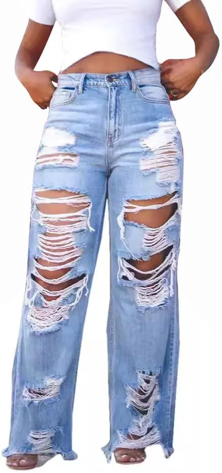 Voghtic Women's Sexy Ripped Boyfriend Jeans High Waisted Baggy Straight Wide Leg Denim Pants Distressed Y2K Streetwear