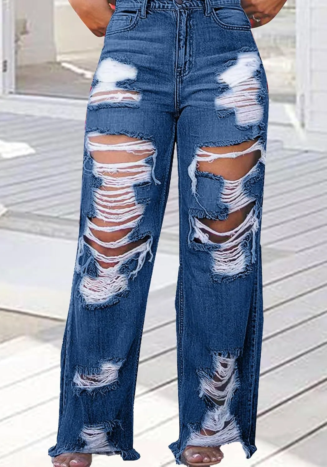Voghtic Women's Sexy Ripped Boyfriend Jeans High Waisted Baggy Straight Wide Leg Denim Pants Distressed Y2K Streetwear