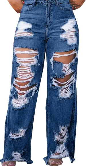 Voghtic Women's Sexy Ripped Boyfriend Jeans High Waisted Baggy Straight Wide Leg Denim Pants Distressed Y2K Streetwear
