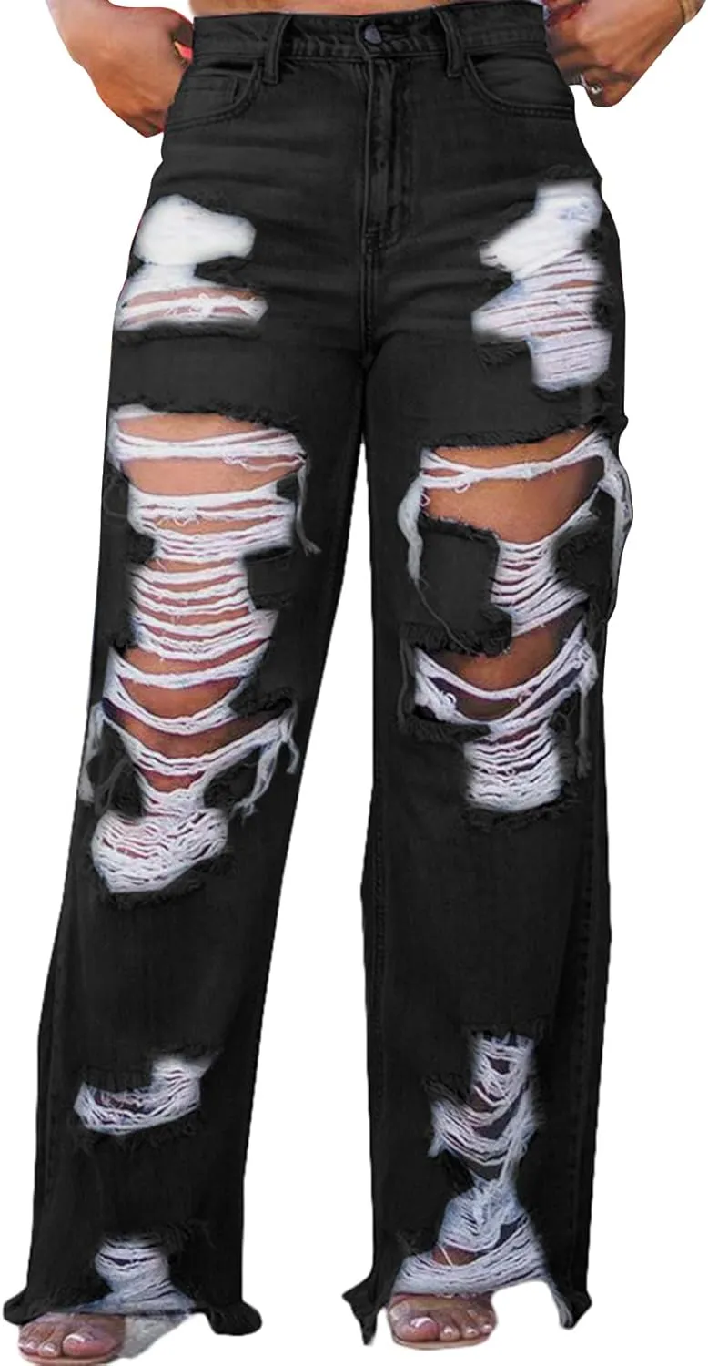Voghtic Women's Sexy Ripped Boyfriend Jeans High Waisted Baggy Straight Wide Leg Denim Pants Distressed Y2K Streetwear