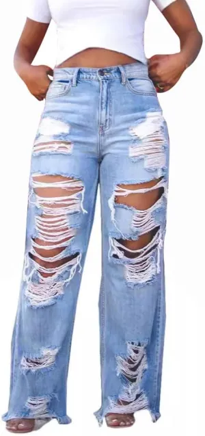 Voghtic Women's Sexy Ripped Boyfriend Jeans High Waisted Baggy Straight Wide Leg Denim Pants Distressed Y2K Streetwear
