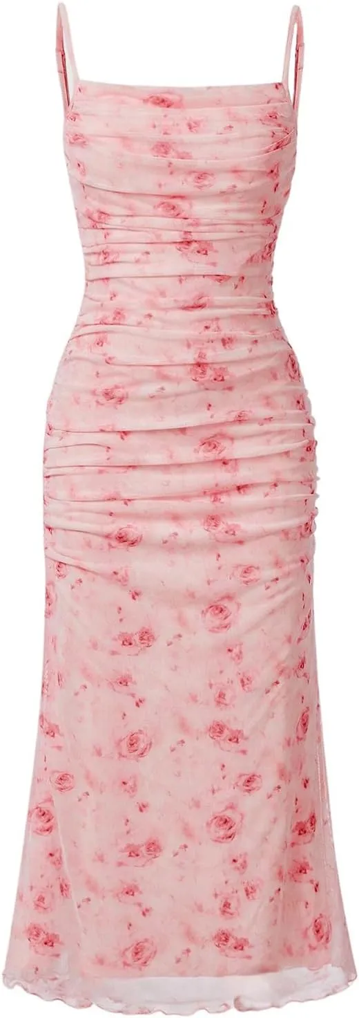 WDIRARA Girl's Floral Print Square Neck Mesh Sleeveless Ruched Cami Dress Party Bodycon Dresses