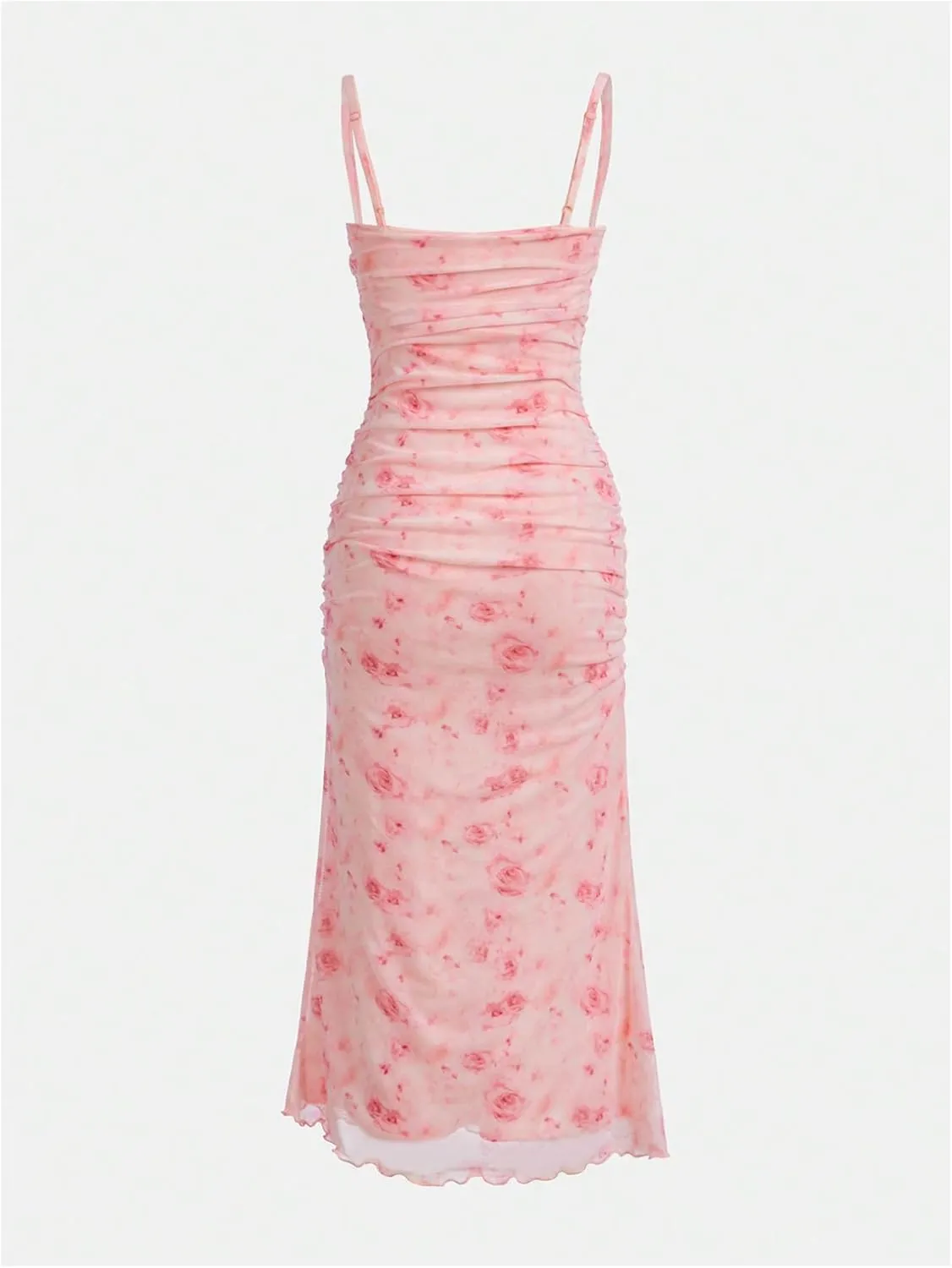 WDIRARA Girl's Floral Print Square Neck Mesh Sleeveless Ruched Cami Dress Party Bodycon Dresses
