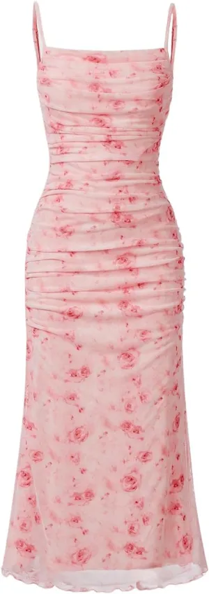 WDIRARA Girl's Floral Print Square Neck Mesh Sleeveless Ruched Cami Dress Party Bodycon Dresses