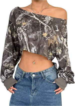 WDIRARA Women's Camo Print One Shoulder Sweatshirts Oversized Pullover Long Sleeve Crop Tops