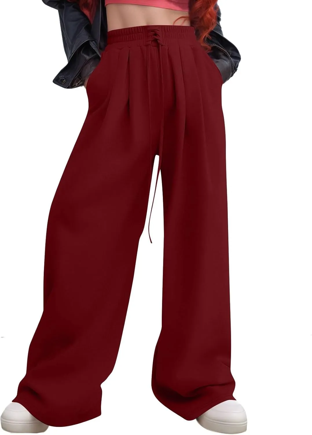 Wide Leg Sweatpants Women Baggy Fleece Cute Y2k Drawstring High Waisted Sweat Pants Flowy Palazzo Comfy Lounge Pants