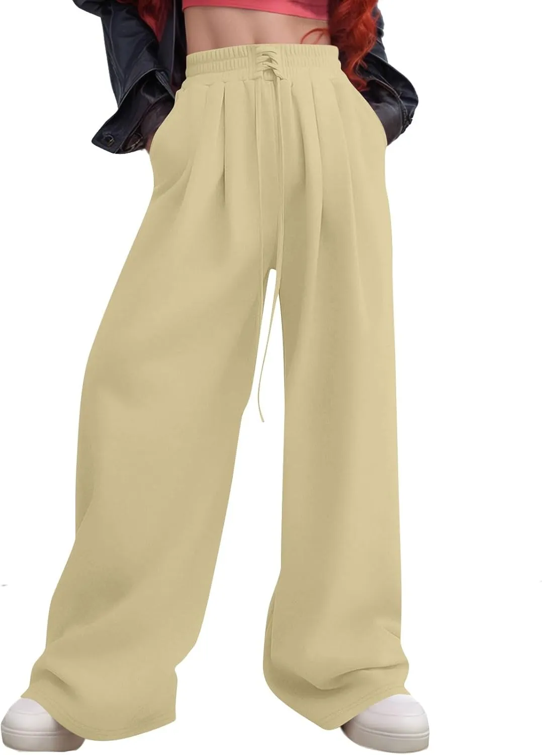 Wide Leg Sweatpants Women Baggy Fleece Cute Y2k Drawstring High Waisted Sweat Pants Flowy Palazzo Comfy Lounge Pants