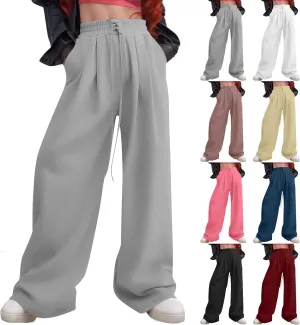 Wide Leg Sweatpants Women Baggy Fleece Cute Y2k Drawstring High Waisted Sweat Pants Flowy Palazzo Comfy Lounge Pants