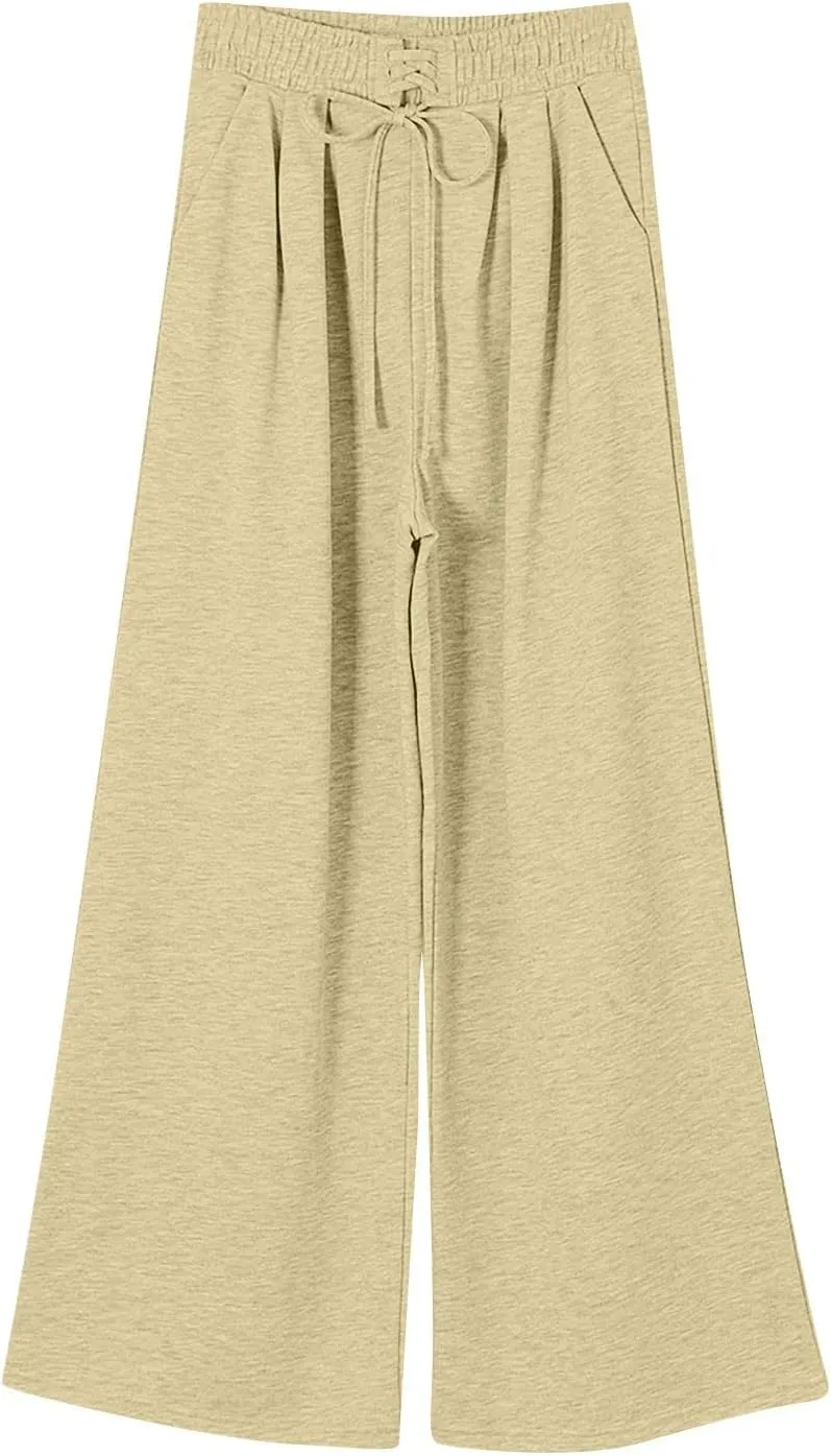 Wide Leg Sweatpants Women Baggy Fleece Cute Y2k Drawstring High Waisted Sweat Pants Flowy Palazzo Comfy Lounge Pants