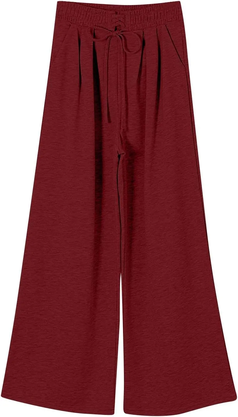 Wide Leg Sweatpants Women Baggy Fleece Cute Y2k Drawstring High Waisted Sweat Pants Flowy Palazzo Comfy Lounge Pants