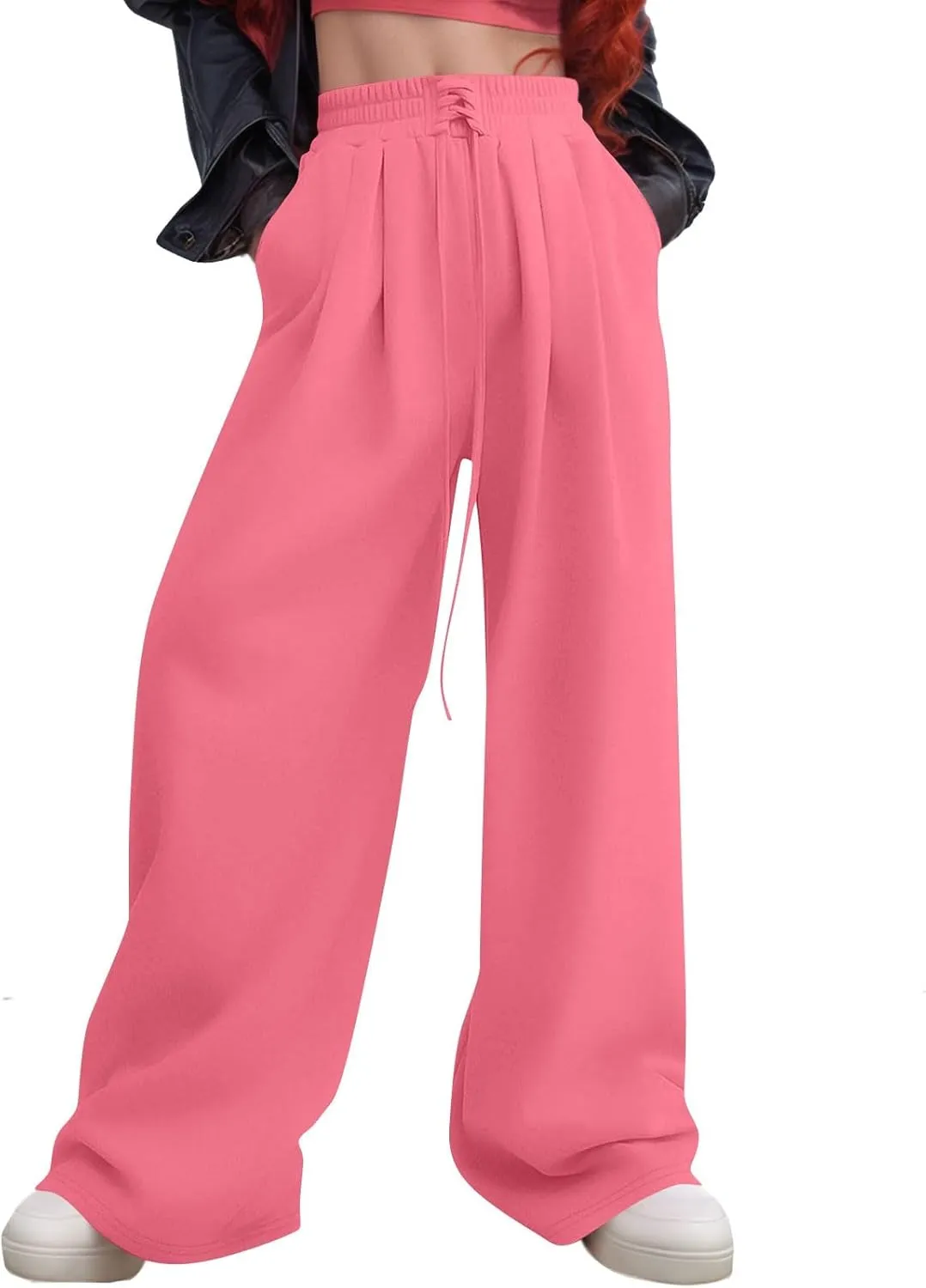 Wide Leg Sweatpants Women Baggy Fleece Lined Cute Y2k Drawstring High Waisted Sweat Pants Flowy Palazzo Lounge Pants