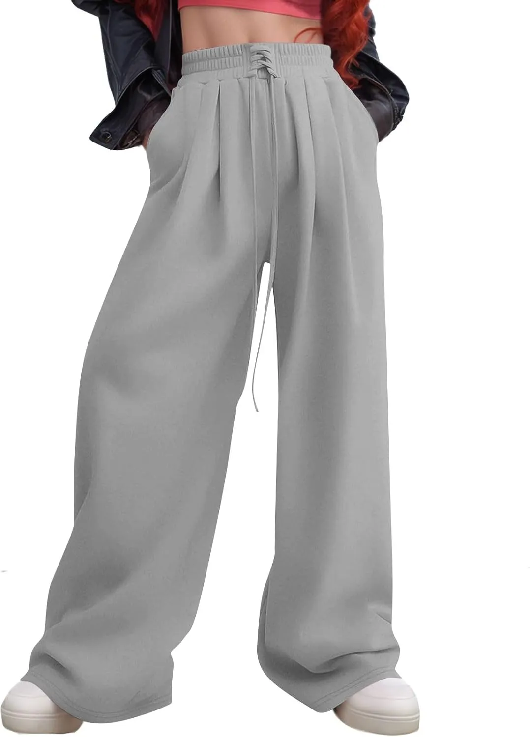 Wide Leg Sweatpants Women Baggy Fleece Lined Cute Y2k Drawstring High Waisted Sweat Pants Flowy Palazzo Lounge Pants
