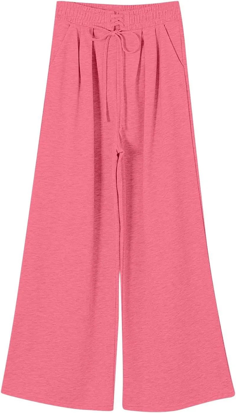 Wide Leg Sweatpants Women Baggy Fleece Lined Cute Y2k Drawstring High Waisted Sweat Pants Flowy Palazzo Lounge Pants