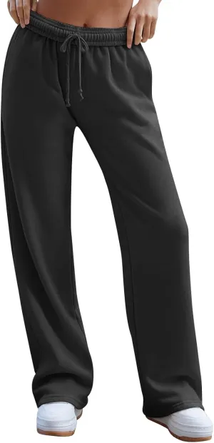 Wide Leg Sweatpants Women High Waisted Linen Pants Drawstring Workout Baggy Sweatpants Comfy Lounge Pants with Pocket