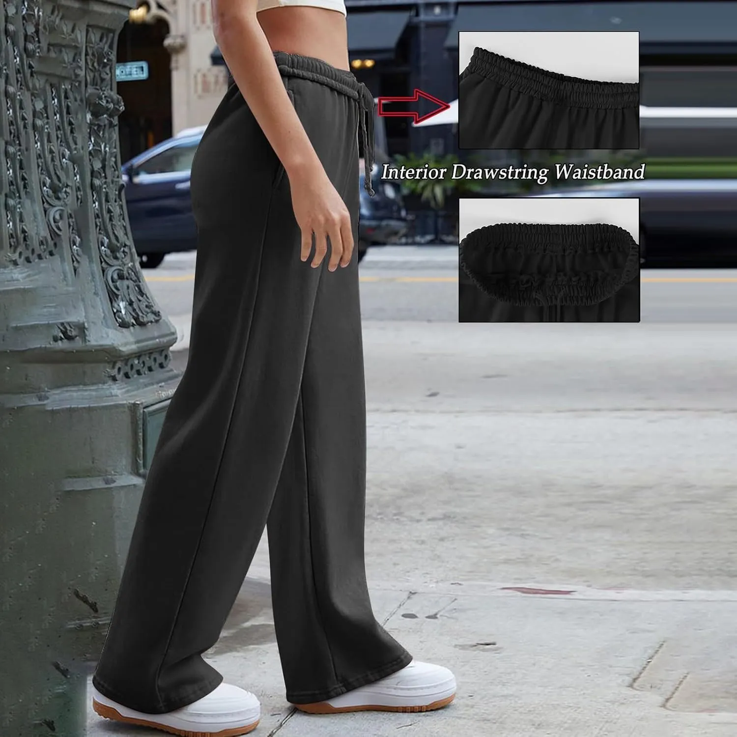 Wide Leg Sweatpants Women High Waisted Linen Pants Drawstring Workout Baggy Sweatpants Comfy Lounge Pants with Pocket