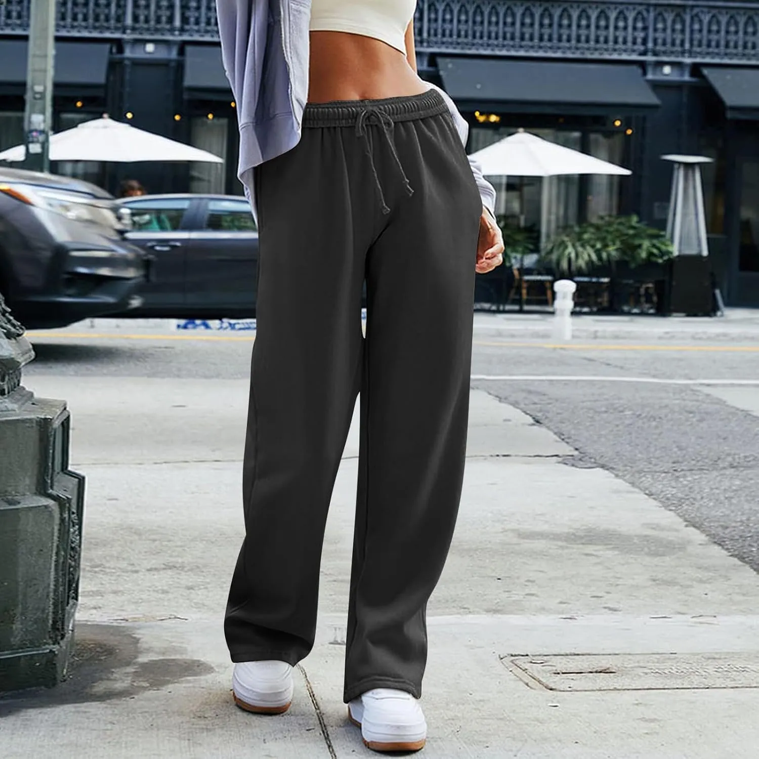 Wide Leg Sweatpants Women High Waisted Linen Pants Drawstring Workout Baggy Sweatpants Comfy Lounge Pants with Pocket