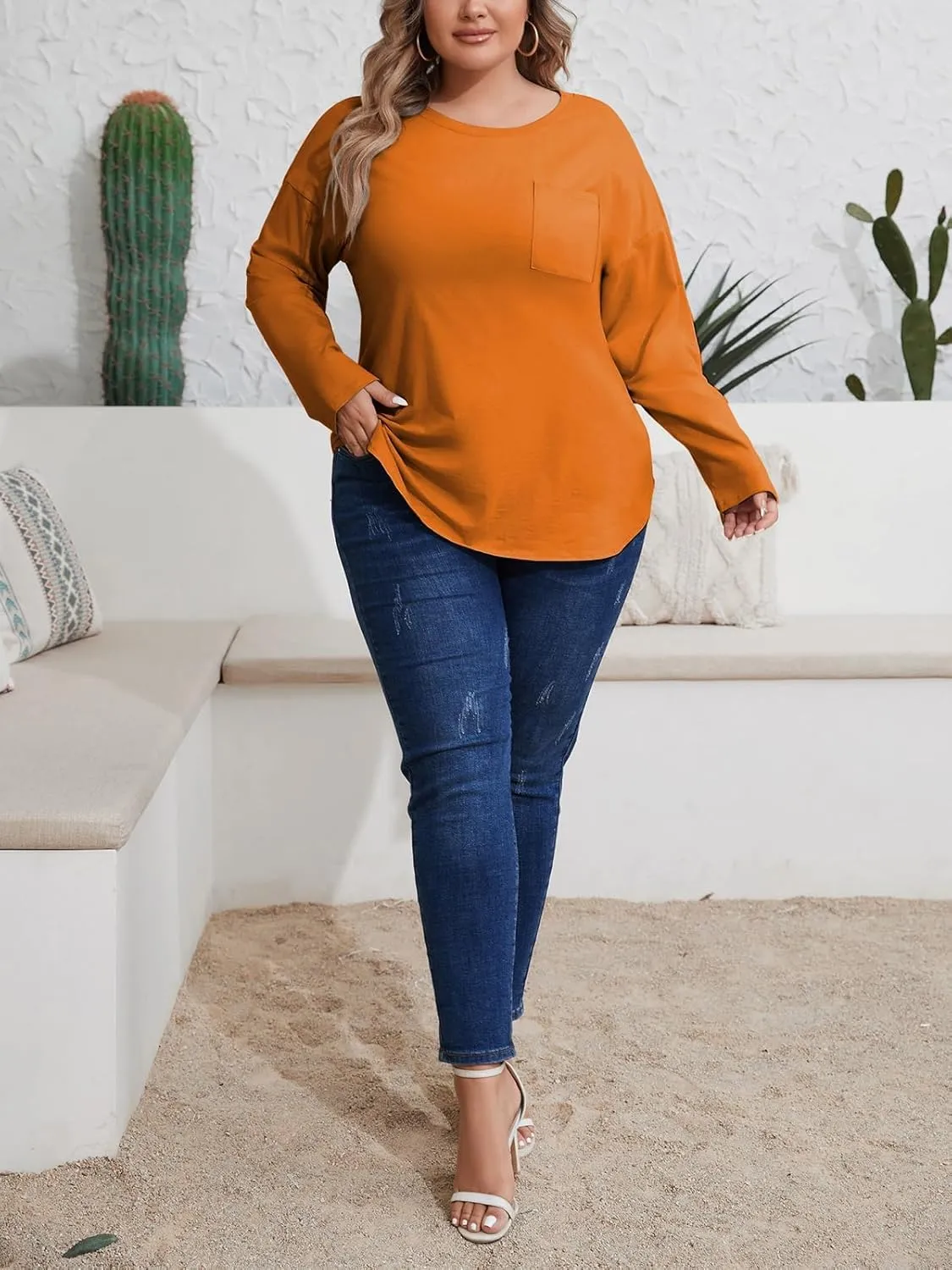 Wihion Women Oversized Long Sleeve T-Shirts Cotton Casual Crewneck Solid Tunic Tops with Pocket