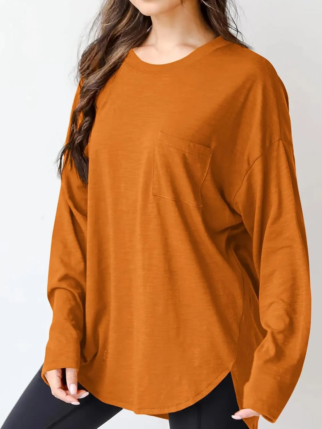 Wihion Women Oversized Long Sleeve T-Shirts Cotton Casual Crewneck Solid Tunic Tops with Pocket