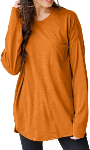 Wihion Women Oversized Long Sleeve T-Shirts Cotton Casual Crewneck Solid Tunic Tops with Pocket