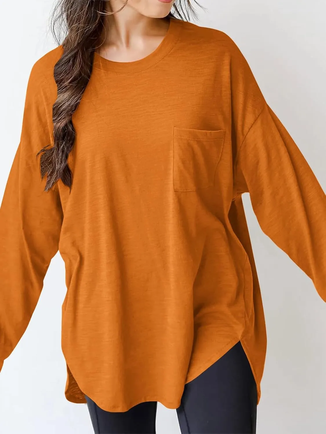 Wihion Women Oversized Long Sleeve T-Shirts Cotton Casual Crewneck Solid Tunic Tops with Pocket
