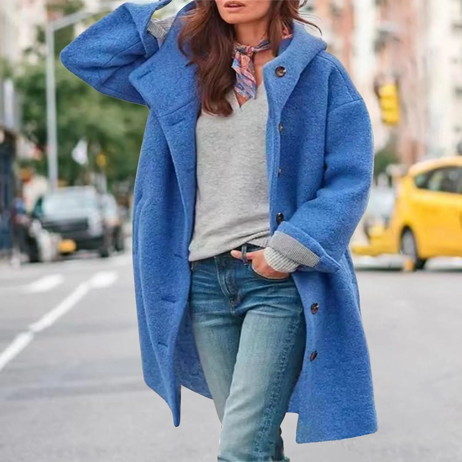 Winter Hooded Coats for Womens Casual Single-Breasted Wool Coats Trendy Lapel Button Cardigan Warm Jackets