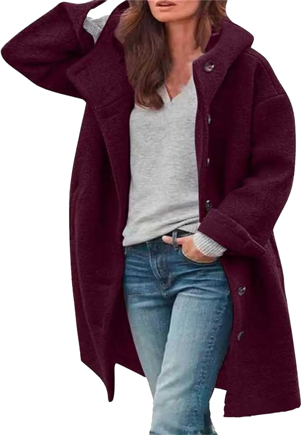 Winter Hooded Coats for Womens Casual Single-Breasted Wool Coats Trendy Lapel Button Cardigan Warm Jackets