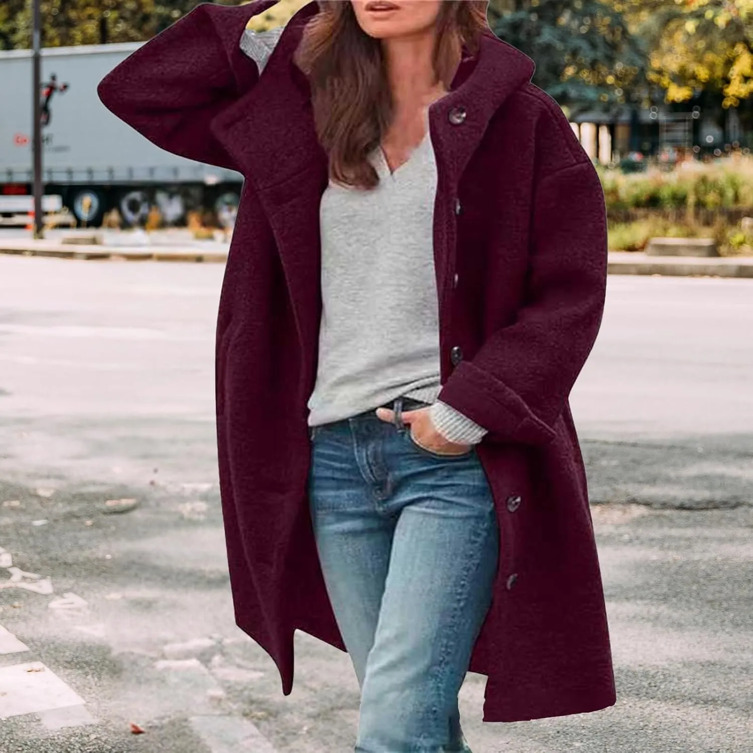 Winter Hooded Coats for Womens Casual Single-Breasted Wool Coats Trendy Lapel Button Cardigan Warm Jackets