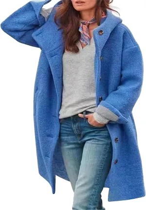 Winter Hooded Coats for Womens Casual Single-Breasted Wool Coats Trendy Lapel Button Cardigan Warm Jackets