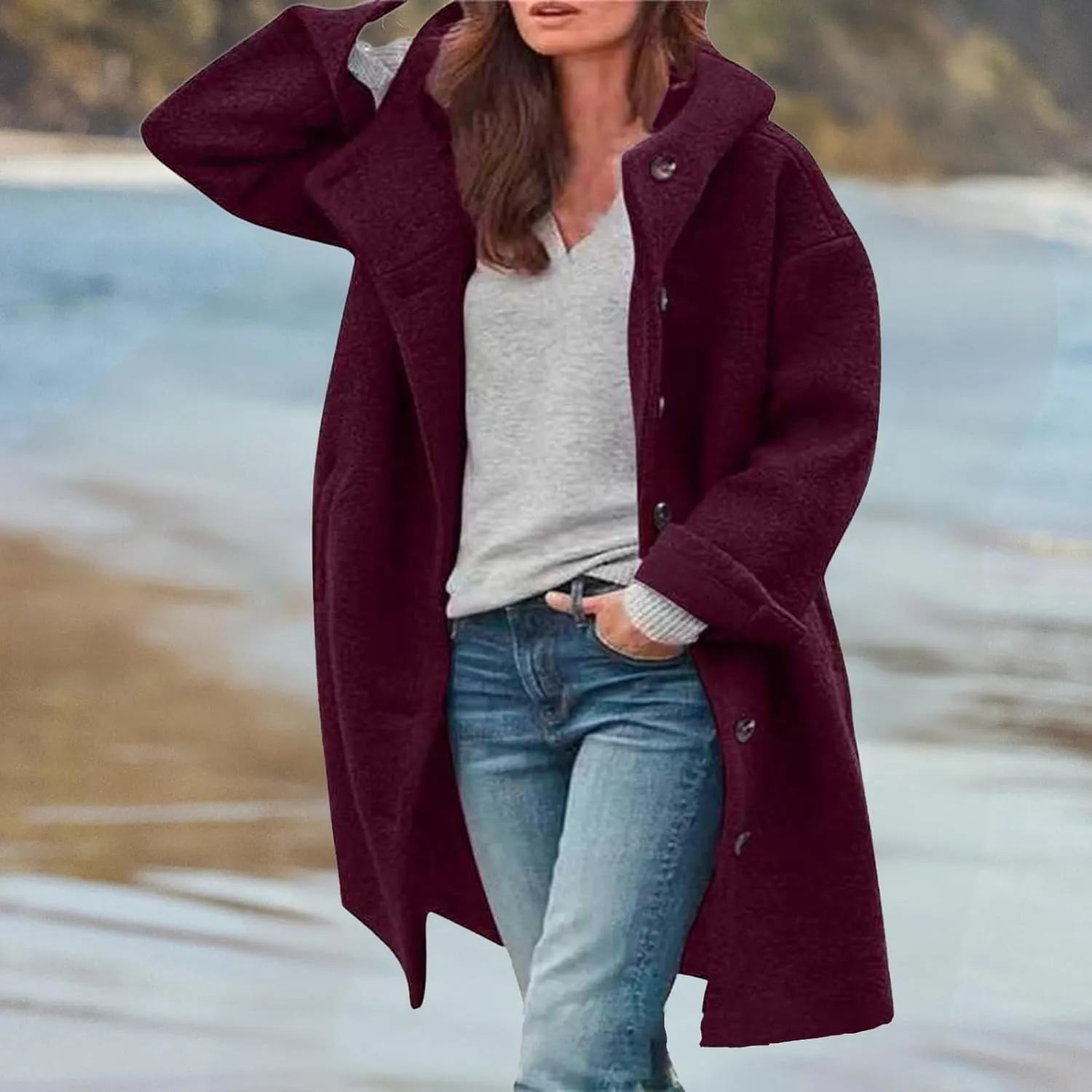 Winter Hooded Coats for Womens Casual Single-Breasted Wool Coats Trendy Lapel Button Cardigan Warm Jackets