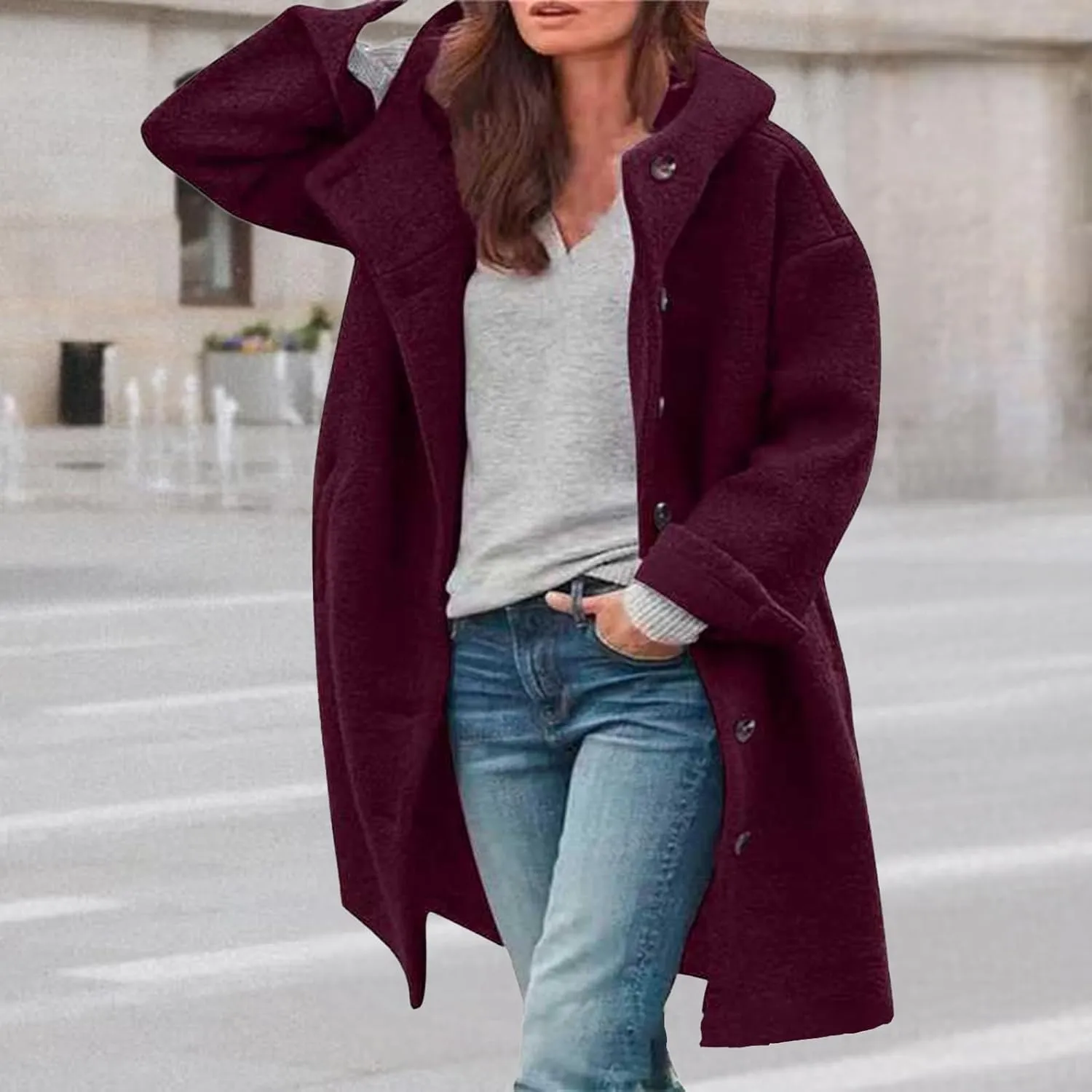 Winter Hooded Coats for Womens Casual Single-Breasted Wool Coats Trendy Lapel Button Cardigan Warm Jackets