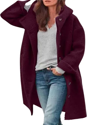 Winter Hooded Coats for Womens Casual Single-Breasted Wool Coats Trendy Lapel Button Cardigan Warm Jackets