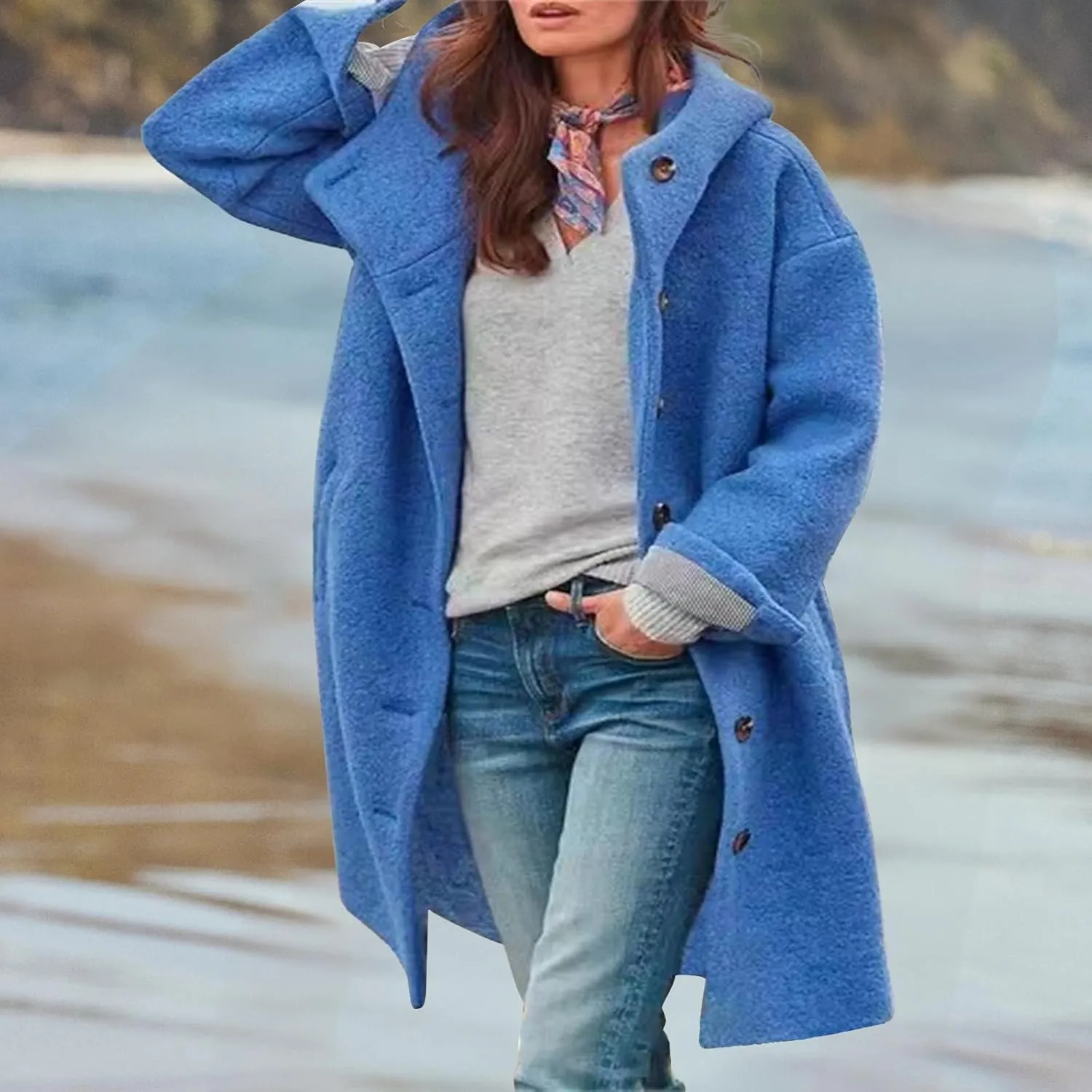 Winter Hooded Coats for Womens Casual Single-Breasted Wool Coats Trendy Lapel Button Cardigan Warm Jackets