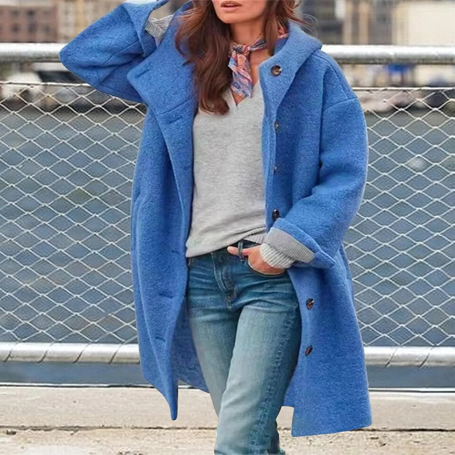 Winter Hooded Coats for Womens Casual Single-Breasted Wool Coats Trendy Lapel Button Cardigan Warm Jackets