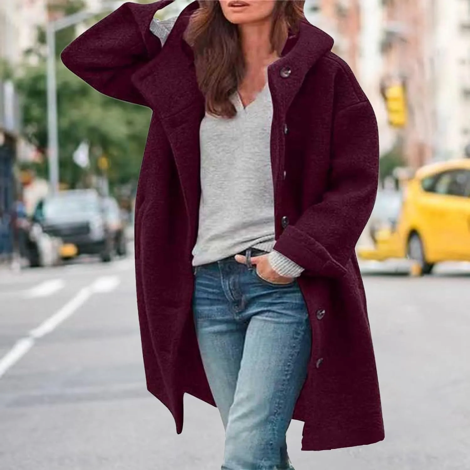Winter Hooded Coats for Womens Casual Single-Breasted Wool Coats Trendy Lapel Button Cardigan Warm Jackets