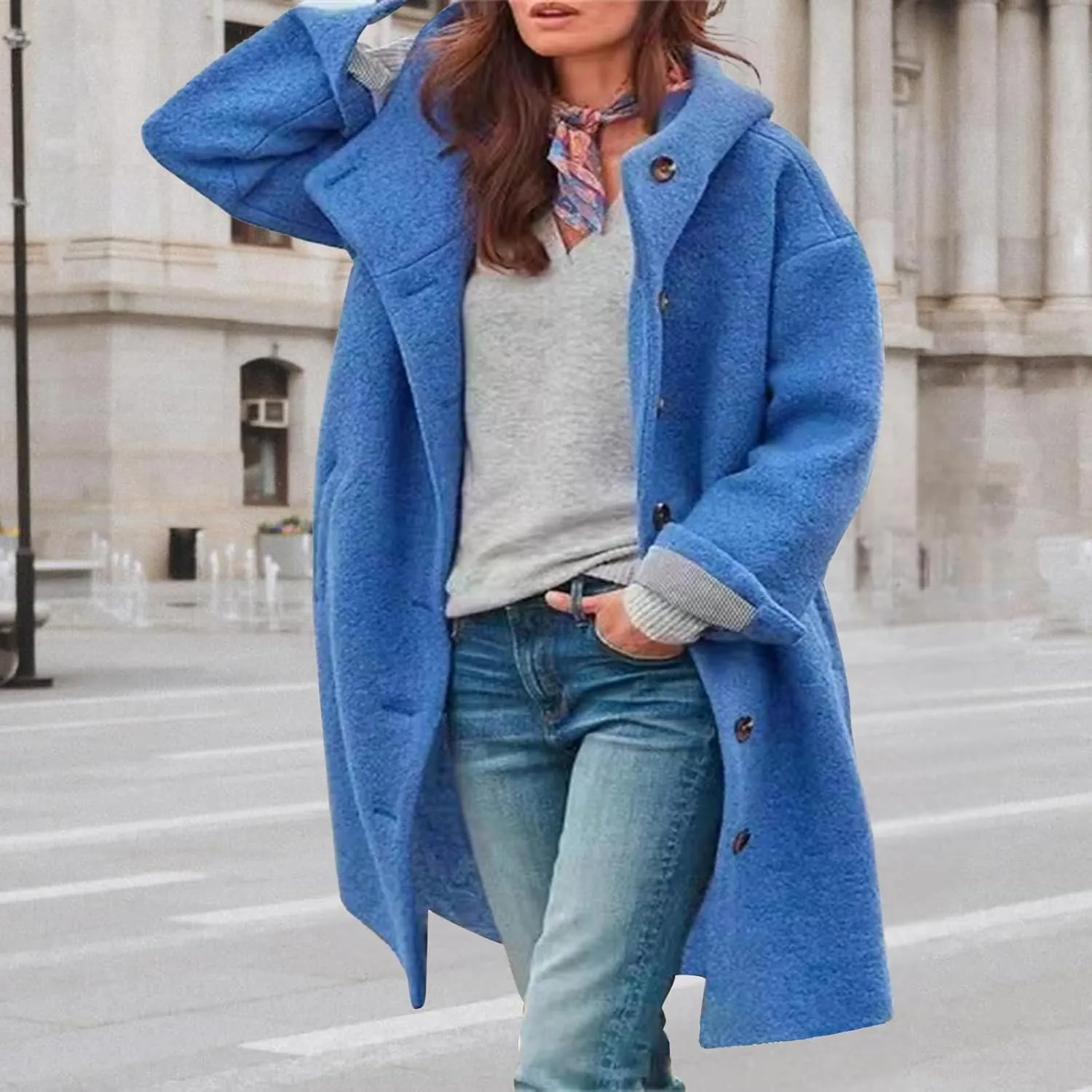Winter Hooded Coats for Womens Casual Single-Breasted Wool Coats Trendy Lapel Button Cardigan Warm Jackets