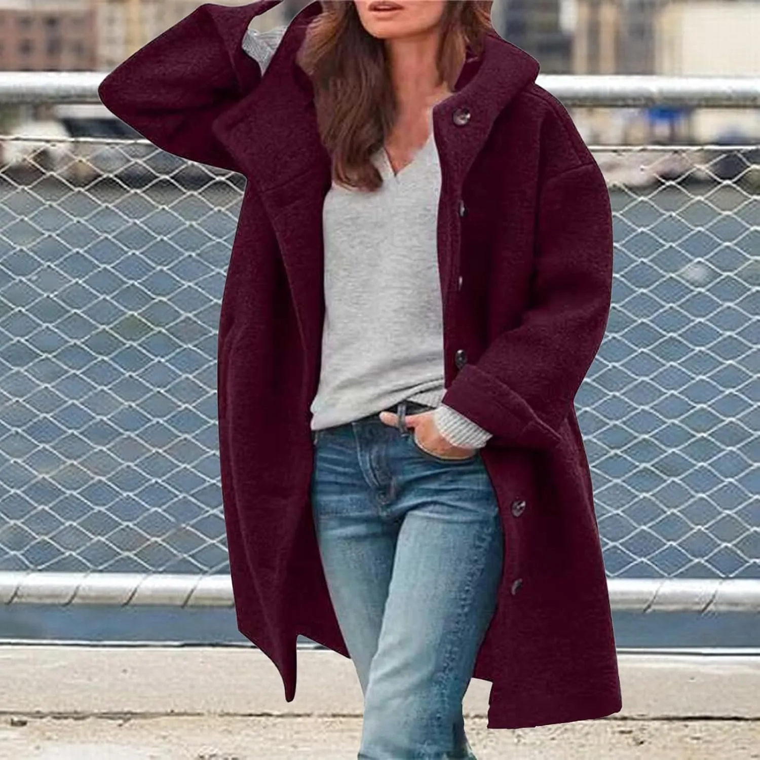 Winter Hooded Coats for Womens Casual Single-Breasted Wool Coats Trendy Lapel Button Cardigan Warm Jackets