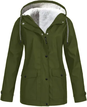 Wkishenl Rain Jacket for Women Softshell Warm Fleece Lined Fall Winter Coats Hooded Waterproof Windbreaker Trench Coat