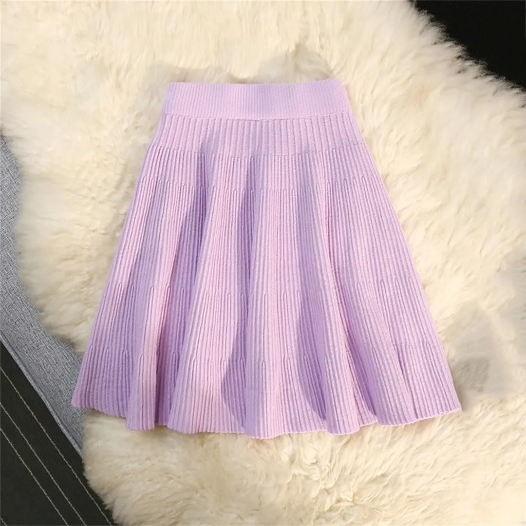Women Autumn Winter Knitted Pleated Short Skirt Sexy Elastic High Waist Slim Party Mini Skirts