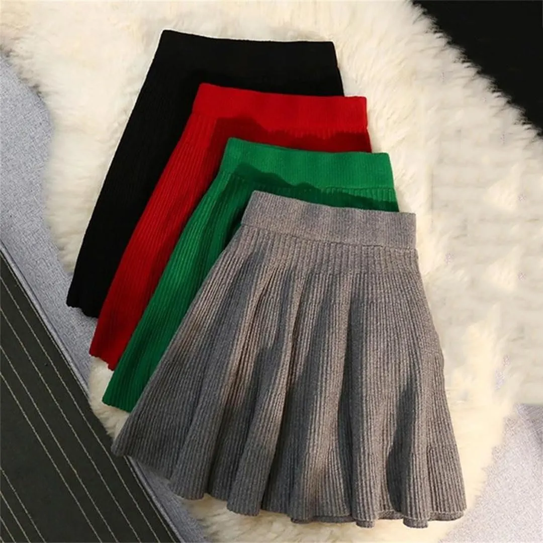 Women Autumn Winter Knitted Pleated Short Skirt Sexy Elastic High Waist Slim Party Mini Skirts