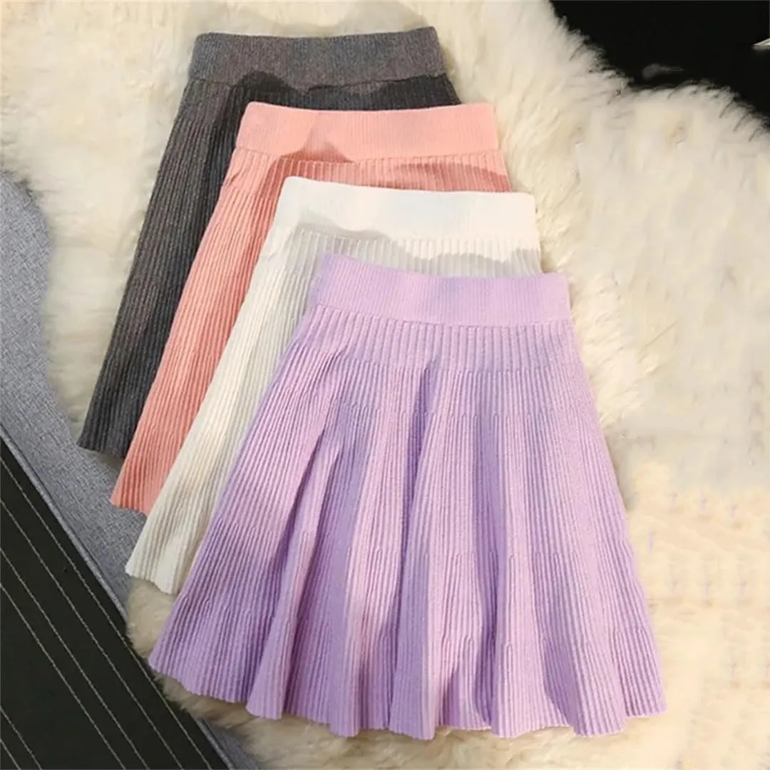 Women Autumn Winter Knitted Pleated Short Skirt Sexy Elastic High Waist Slim Party Mini Skirts