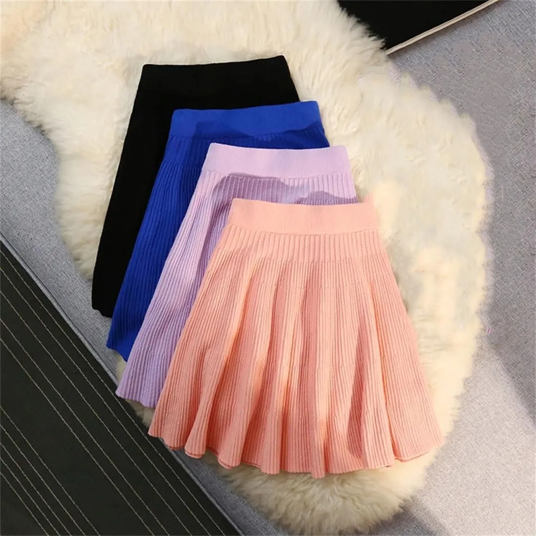 Women Autumn Winter Knitted Pleated Short Skirt Sexy Elastic High Waist Slim Party Mini Skirts