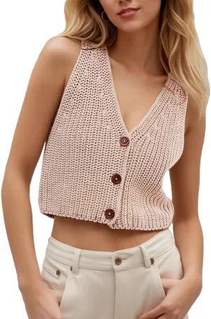 Women Button Up Ribbed Knit Crop Sweater Vest Sleeveless Solid Slim Fit Deep V Neck Cropped Vest Cardigan