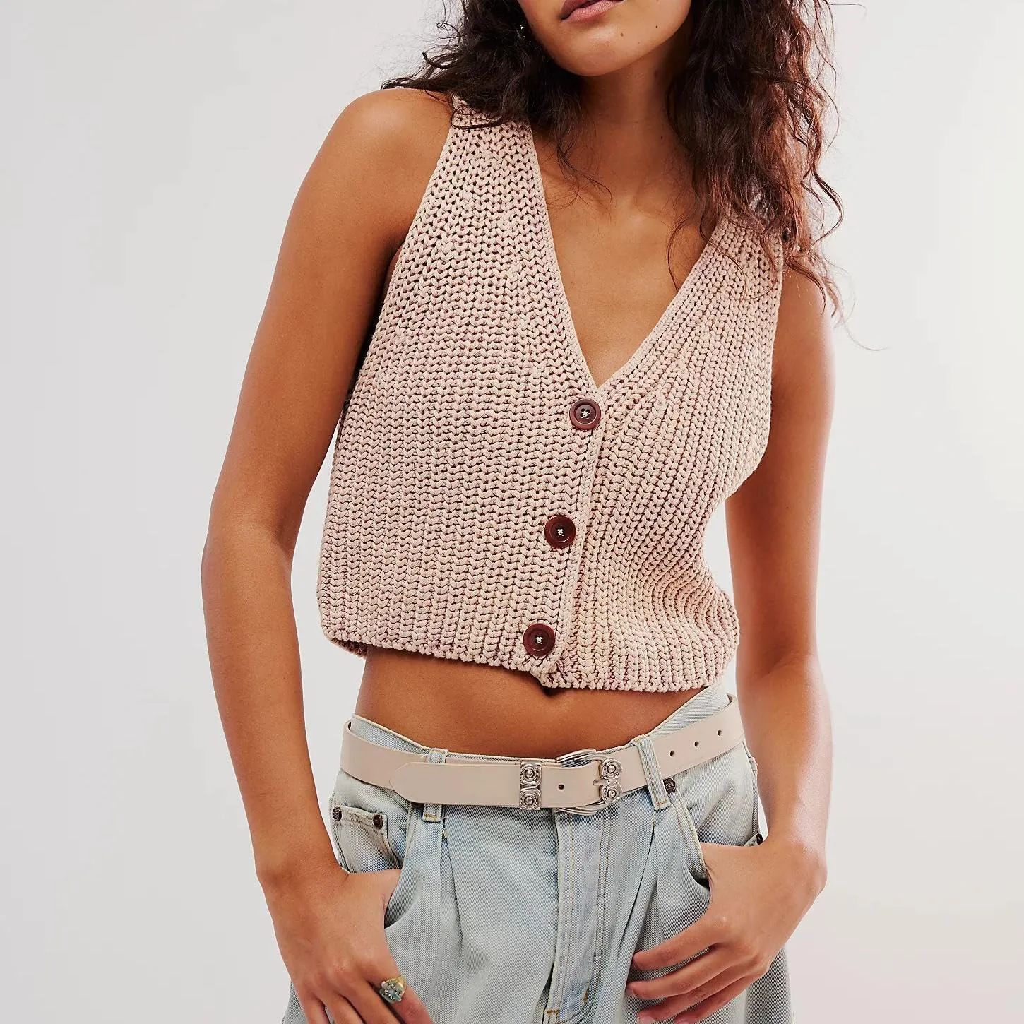 Women Button Up Ribbed Knit Crop Sweater Vest Sleeveless Solid Slim Fit Deep V Neck Cropped Vest Cardigan