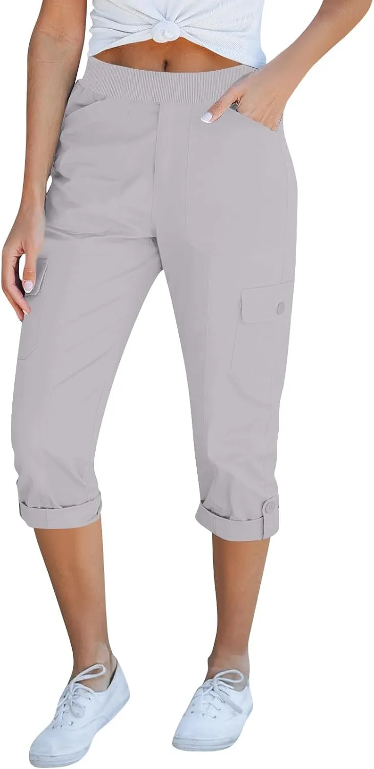 Women Cargo Capris Casual Elastic Waist Travel Hiking Pants Folded Hem Wide Leg Crop Chino Cargo Pants with 6 Pockets