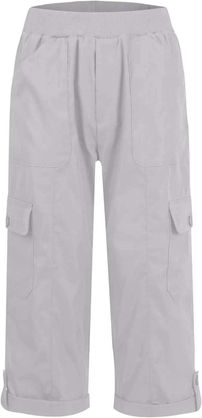 Women Cargo Capris Casual Elastic Waist Travel Hiking Pants Folded Hem Wide Leg Crop Chino Cargo Pants with 6 Pockets