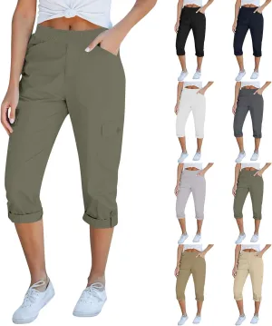 Women Cargo Capris Casual Elastic Waist Travel Hiking Pants Folded Hem Wide Leg Crop Chino Cargo Pants with 6 Pockets