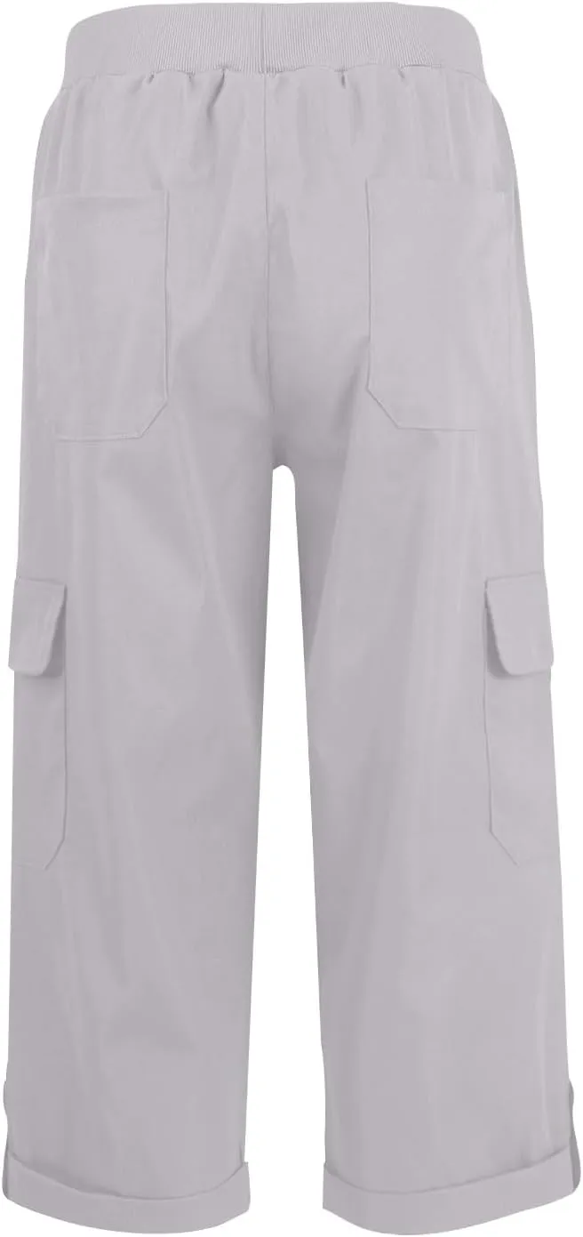 Women Cargo Capris Casual Elastic Waist Travel Hiking Pants Folded Hem Wide Leg Crop Chino Cargo Pants with 6 Pockets