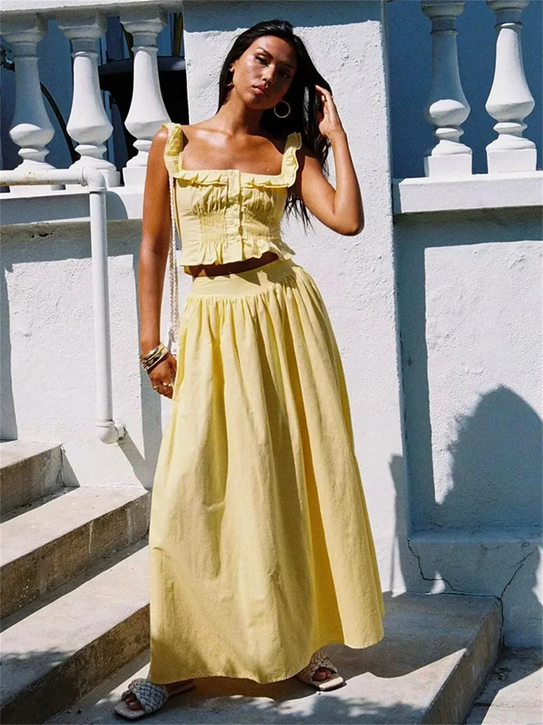 Women Cotton Set Top Skirt 2 Pcs Outfit Ruffles Button Slim Top A-Line Maxi Skirt Casual Dress