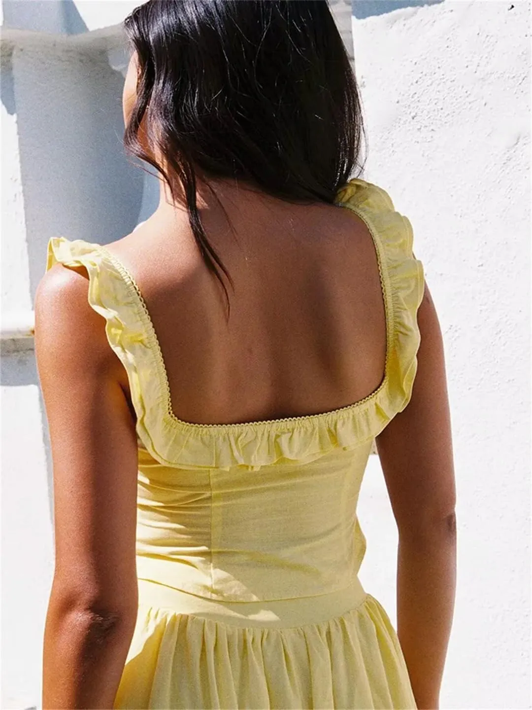 Women Cotton Set Top Skirt 2 Pcs Outfit Ruffles Button Slim Top A-Line Maxi Skirt Casual Dress